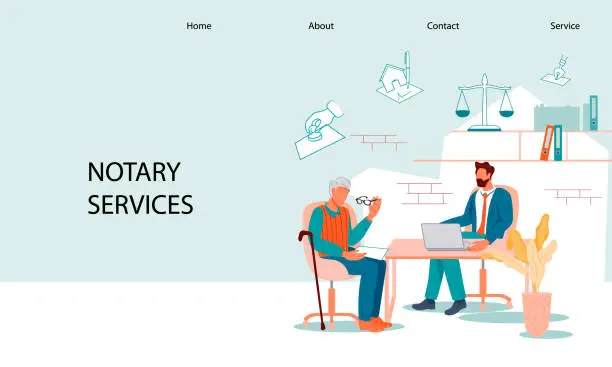Vector illustration of Notary services web banner template with elderly man flat vector illustration.