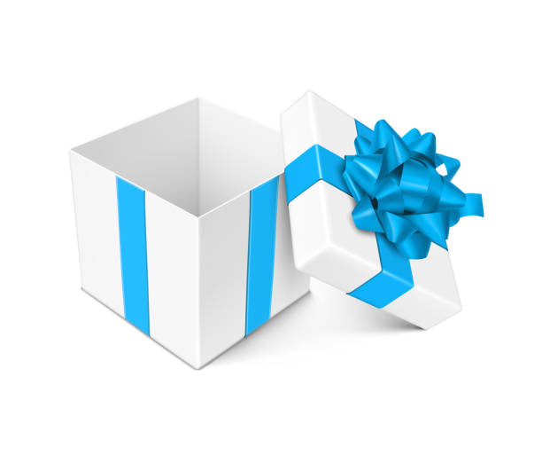 illustrazioni stock, clip art, cartoni animati e icone di tendenza di scatola regalo aperta bianca con fiocco blu e nastri - box cardboard box open opening