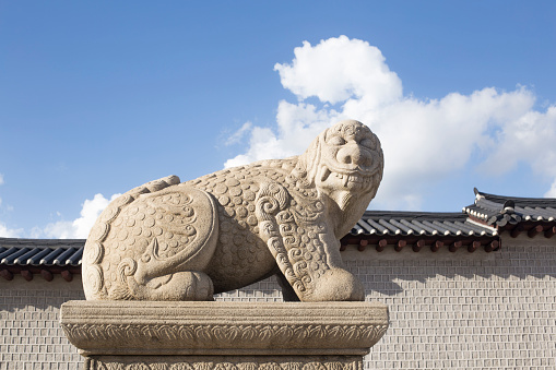 Stone Statue of Haetae and Gwanghwamun Gate in Seoul, Korea