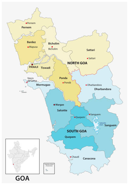 ilustraciones, imágenes clip art, dibujos animados e iconos de stock de mapa de vectores administrativos y políticos del estado indio de goa - panjim