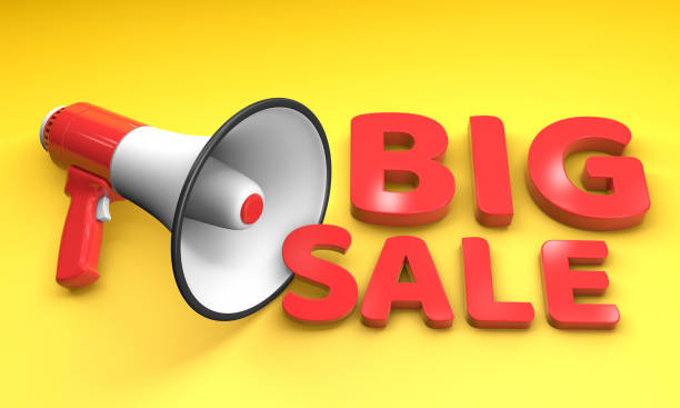 istock BIG SALE Red Words. Red megaphone loudspeaker on a yellow background. 3d render 1278001941