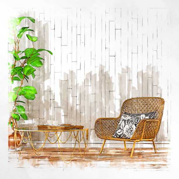 istock Empty retro interior with 70s decoration- sketch drawing with markers 1278002737