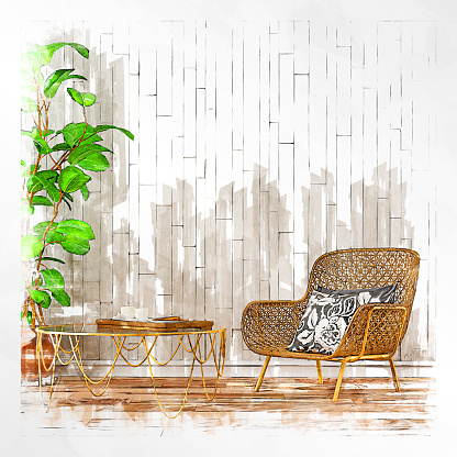 Empty retro interior on white stone tiled wall background on hardwood floor with copy space and decoration - chair on the right and potted plant and table on the left. Sketch drawing effect applied on 3D rendered image.