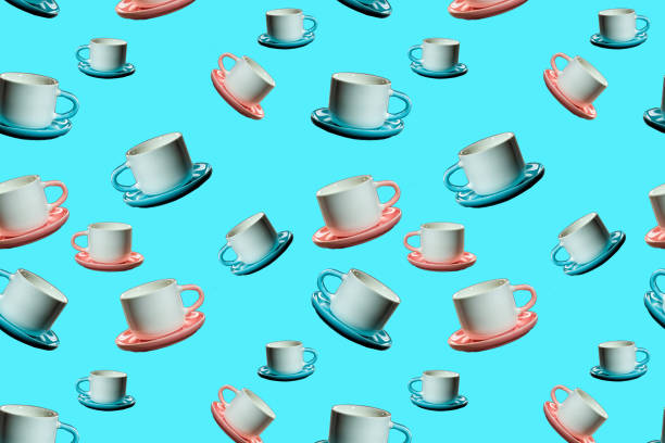 Seamless pattern with a cup and saucer on an aquamarine background.