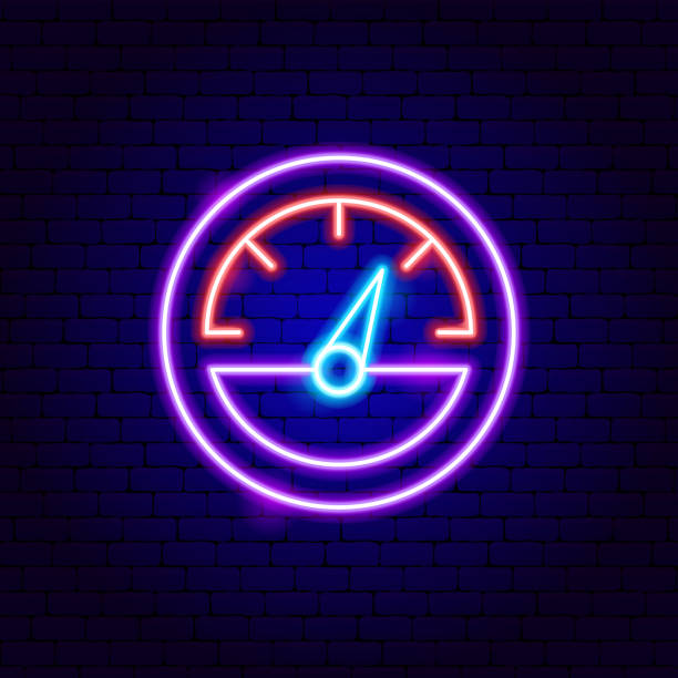 illustrazioni stock, clip art, cartoni animati e icone di tendenza di segno al neon del tachimetro - miles counter