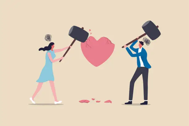 Vector illustration of Marriage difficulties problem, divorce or violence or painful in broken relationship couple concept, angry couple husband and wife using big hammer to hit broken heart shape metaphor of family problem
