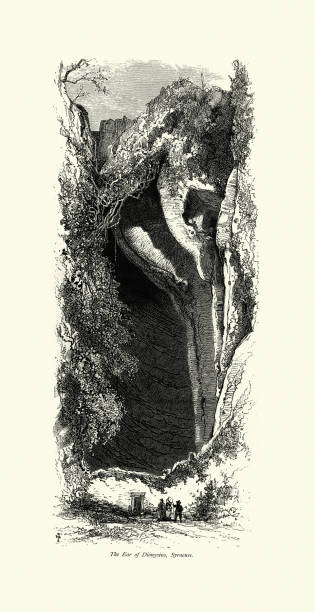 Vintage Illustration of The Ear of Dionysius, Syracuse, Italy, 19th CenturyThe Ear of Dionysius is a limestone cave carved out of the Temenites hill in the city of Syracuse, on the island of Sicily in Italy. Its name, given by the painter Michelangelo da Caravaggio, comes from its similarity in shape to the human ear.