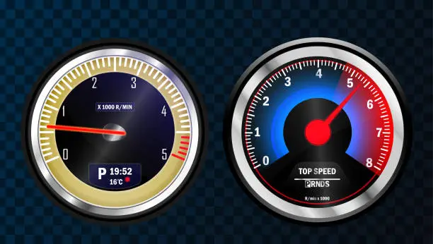 Vector illustration of Set of isolated dashboard speedometers. Speedometer speed car auto dashboard design. Speed meter abstract technology drive panel.