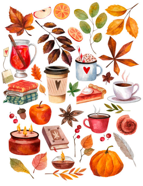 set of watercolor illustration autumn Warm cozy autumn watercolor clipart isolated on white background. coffee tea autumn leaves mulled wine apple pumpkin book candle wallpaper pattern retro revival autumn leaf stock illustrations