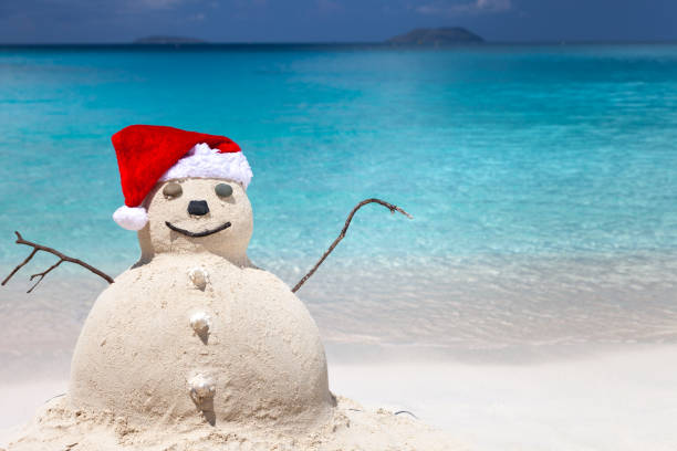 istock Snowman with Santa hat on tropical beach in the Caribbean 1278013721