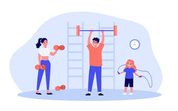 Vector illustration of Happy family exercising in gym
