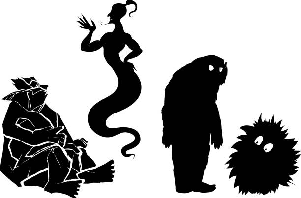 bildbanksillustrationer, clip art samt tecknat material och ikoner med set med svarta silhuetter av mytiska varelser: jinn, troll, yeti - troll