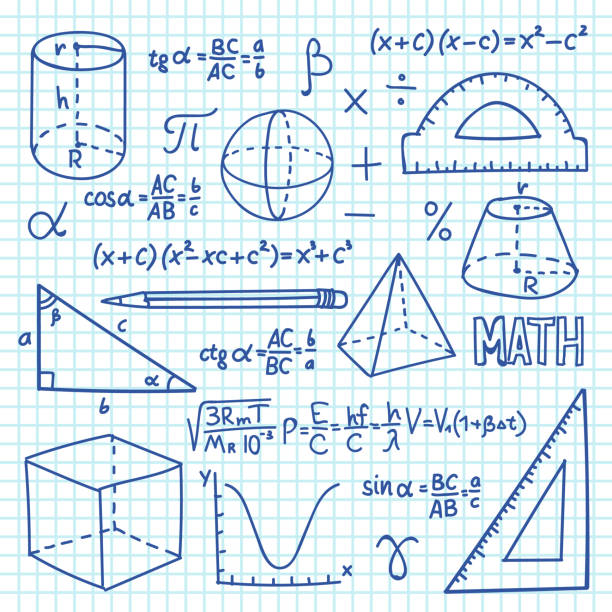 illustrazioni stock, clip art, cartoni animati e icone di tendenza di doodle matematica e concetto di geometria. funzioni trigonometriche, grafici e formule matematiche. background di educazione scolastica vettoriale - kidney stone