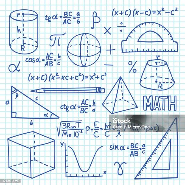Doodle Wiskunde En Concept Trigonometriefuncties En Wiskundige Formules Vector School Onderwijsachtergrond Stockvectorkunst meer beelden van Wiskunde - iStock