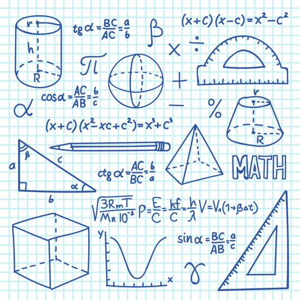 ilustrações, clipart, desenhos animados e ícones de doodle matemática e conceito de geometria. funções de trigonometria, gráficos e fórmulas matemáticas. formação escolar vetorial - mathematics doodle paper education