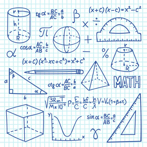 Doodle maths and geometry concept. Trigonometry functions, charts and mathematical formulas. Vector school education background Doodle maths and geometry concept. Trigonometry functions, charts and mathematical formulas. Vector school education background. Mathematics formula and geometry function illustration drawing of a advanced math formulas stock illustrations