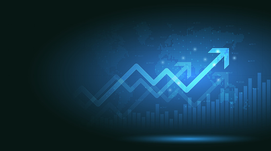 Financial chart with moving up arrow graph and world map in stock market on blue colour background