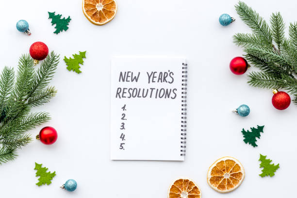 istock New Year Resolutions. Flat lay with Christmas decorations. Overhead view 1278019176