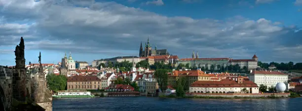 Panorama of the Charles Bridge, Prague Castle, and the west shore of the Vltava River. Illuminated by the late morning sun.