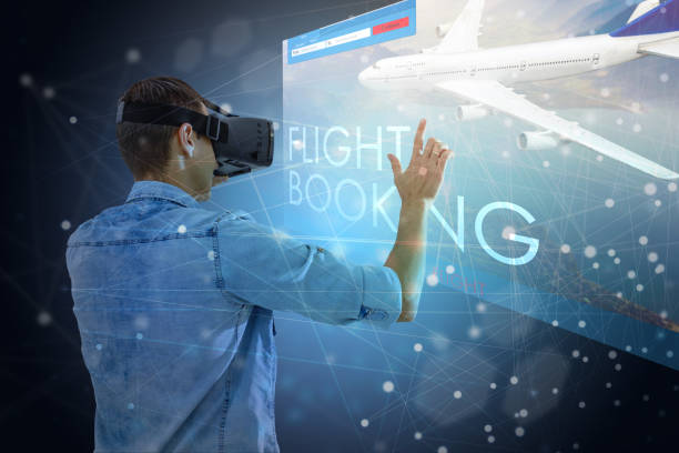 istock Airplane flying VR screen analysis. Flight up tourism journey virtual reality glasses. Transportation technology banner template 1278021124