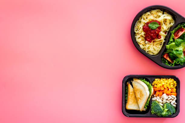istock Delivery containers with takeout food on table. View from above 1278021634