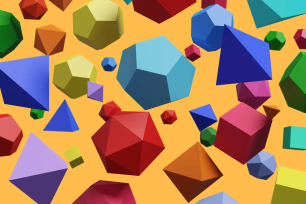 polyeder in verschiedenen farben. platonische feststoffe. 3d-illustration. - hexahedron stock-fotos und bilder