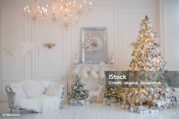 Cozy White Christmas Interior Room Stock Photo - Download Image Now - Christmas Tree, Christmas, White Color