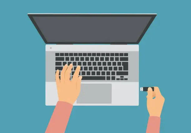 Vector illustration of Illustration of a laptop and the hands of a man or woman. Holds the USB flash drive and plugs into a computer - vector