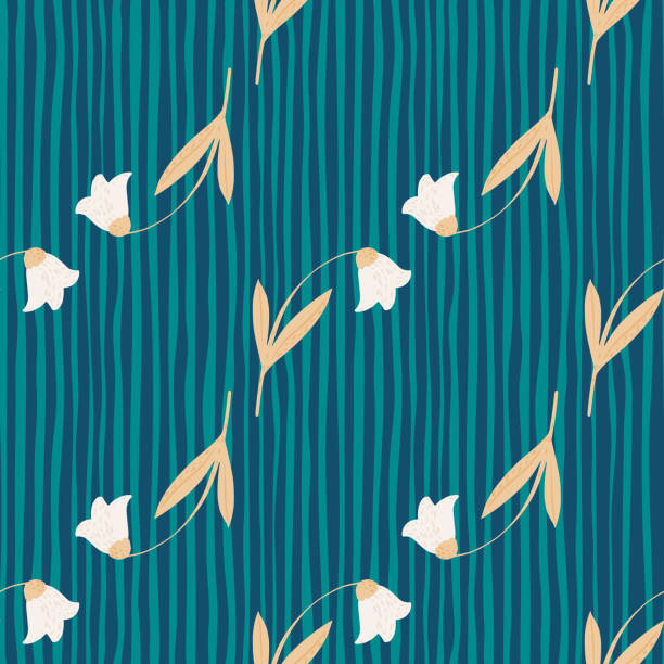 ワイルドフラワーシームレスパターンとブルーベルシンプルなシルエット。ターコイズストライプの��背景。ハレベルプリント。 - twig decoration orange blue点のイラスト素材／クリップアート素材／マンガ素材／アイコン素材