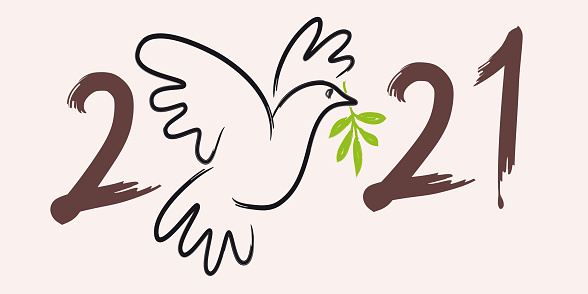 Illustration in the line of a dove with an olive branch, to wish a year 2021 under the utopian sign of peace in the world.