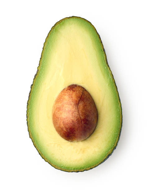 half of fresh ripe avocado isolated on white background - avocado vegetable ingredient isolated imagens e fotografias de stock