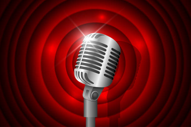 istock Silver metal vintage microphone illuminated and red circle background. Retro music concept. Mic on empty theatre stage. Stand up comedy night show. Karaoke party vector art illustration 1278033810