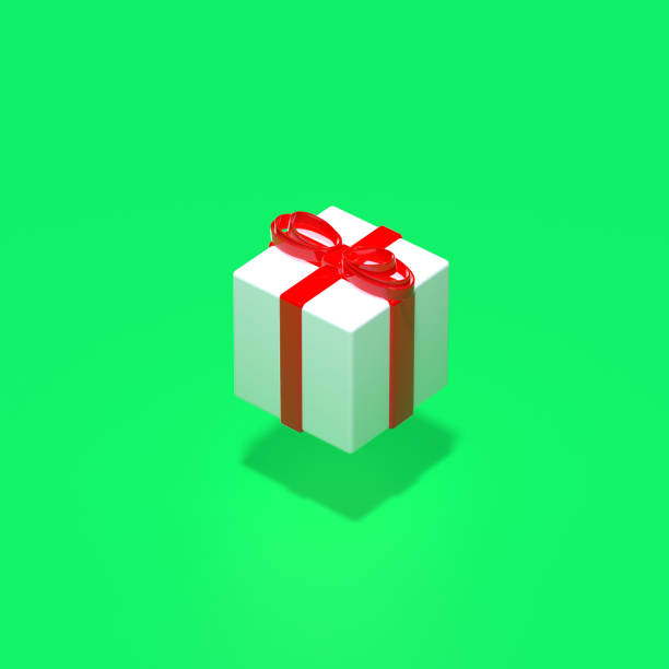 istock 3d render. Xmas gift box flying above green pastel background with shadow. Winter holidays concept.  Surreal art. 1278037583