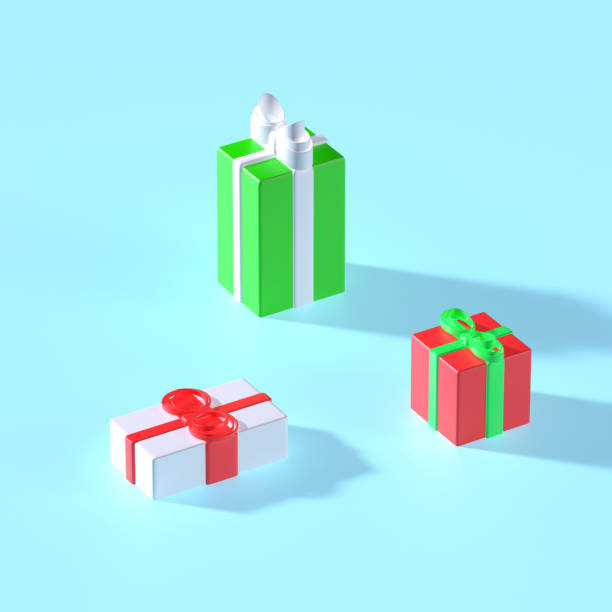 istock 3d render. Xmas gift boxes with different shapes on blue pastel background with shadows. Winter holidays concept. 1278037667