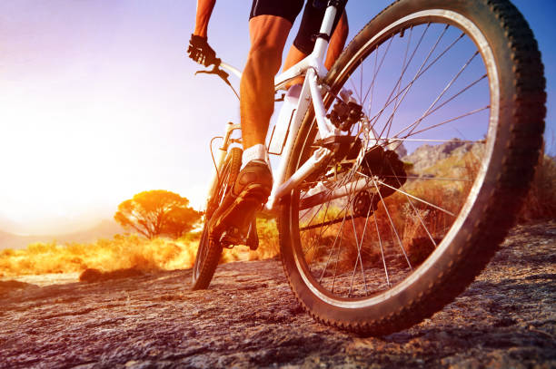 Low angle view of cyclist riding mountain bike on rocky trail at sunrise Low angle view of cyclist riding mountain bike on rocky trail at sunrise mountain bike photos stock pictures, royalty-free photos & images