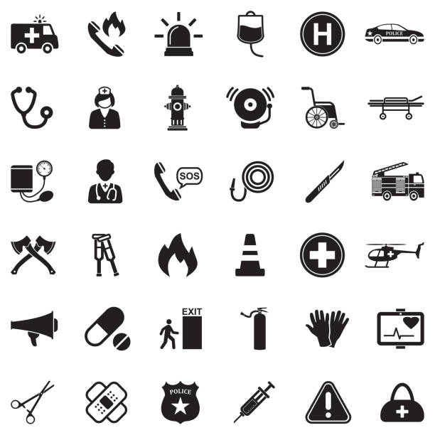 notfall-symbole. schwarze flache design. vektor-illustration. - medical occupation flash stock-grafiken, -clipart, -cartoons und -symbole