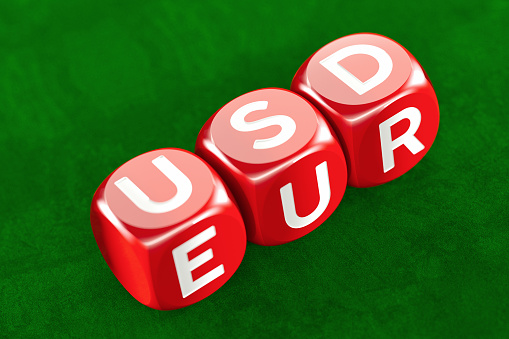Red Dices with Euro and USD Dollar Currency Symbols