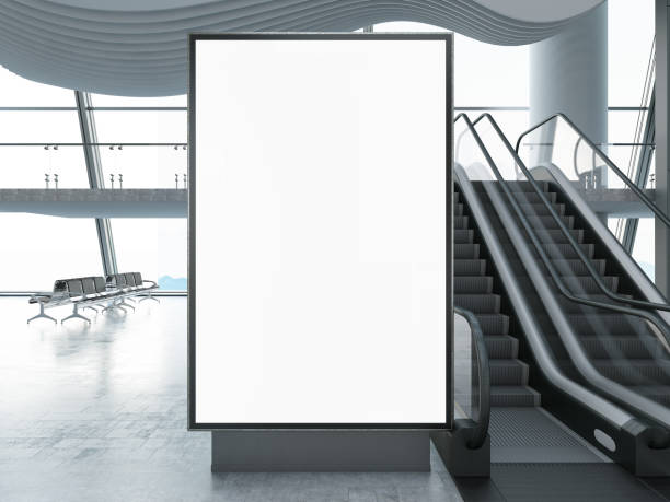 bilboard vuota con scala mobile in aeroporto - subway station billboard poster billboard posting foto e immagini stock