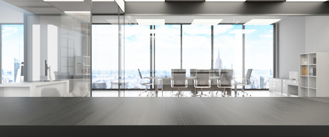 Panoramic View of Wooden Empty Desk and Office Building as Background. 3d Render