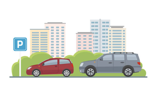 ilustrações de stock, clip art, desenhos animados e ícones de parking lot with two cars on city background. - house residential structure two objects building exterior