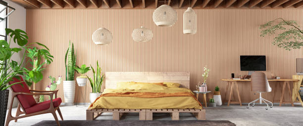 istock Panoramic View of Cozy Open Bedroom with Workspace 1278044017