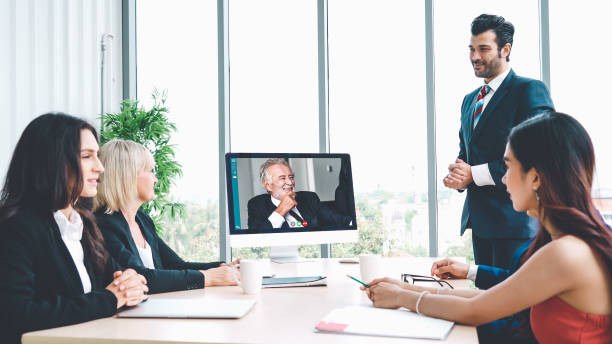 istock Video call group business people meeting on virtual workplace or remote office 1278047988