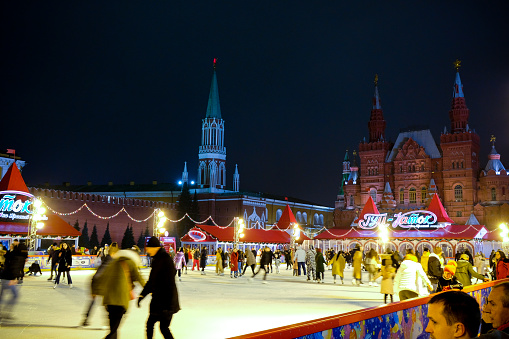 Moscow, Russia - 12 23 2019: Christmas market decorations in Moscow city center. Atmospherically illuminated Moscow offers a wonderful ambience for the Christmas period.