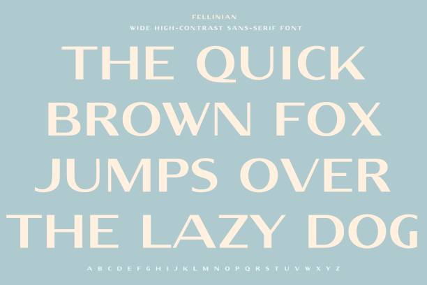 Wide high-contrast sans-serif font. The quick brown fox pangram. Set of basic Latin characters. figurehead stock illustrations