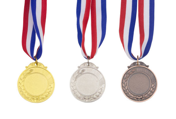 Gold, silver and bronze on white background