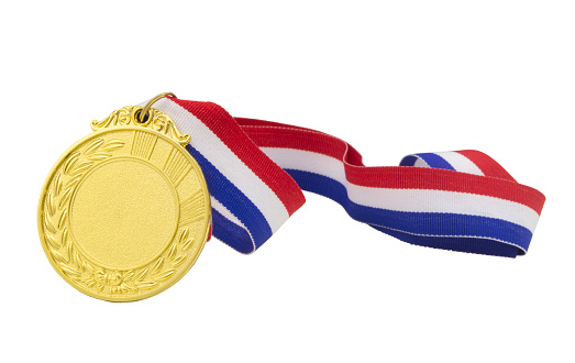 Golden medal with three colors ribbon isolated on white background