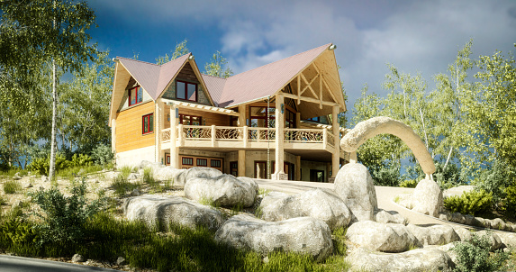 Digitally generated luxury residential chalet/house/villa exterior scene (day).\n\nThe scene was rendered with photorealistic shaders and lighting in Autodesk® 3ds Max 2020 with V-Ray 5 with some post-production added.