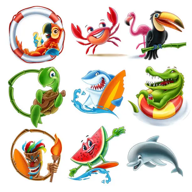 Vector illustration of set of animals for illustrated summer decorations