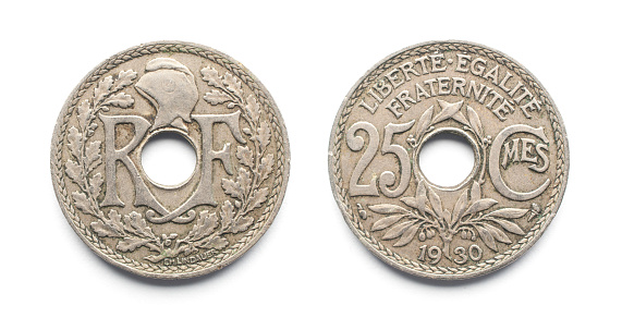 French 25 cents coin from 1930 on a white background.