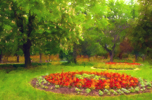 Oil summer landscape painting showing flowerbeds and trees in the public park.